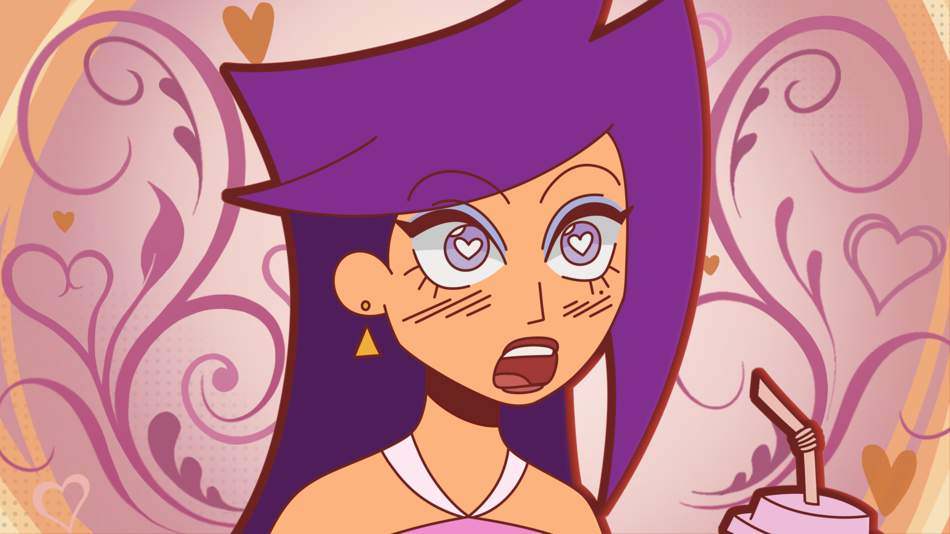 Animated still of a character with purple hair and love-struck eyes, and an ornate curly love heart pattern forming behind them.