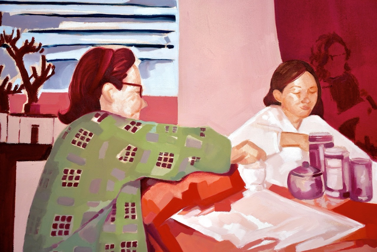 Close-up of Liz Walker's art depicting a woman and girl in a pink-tone room.