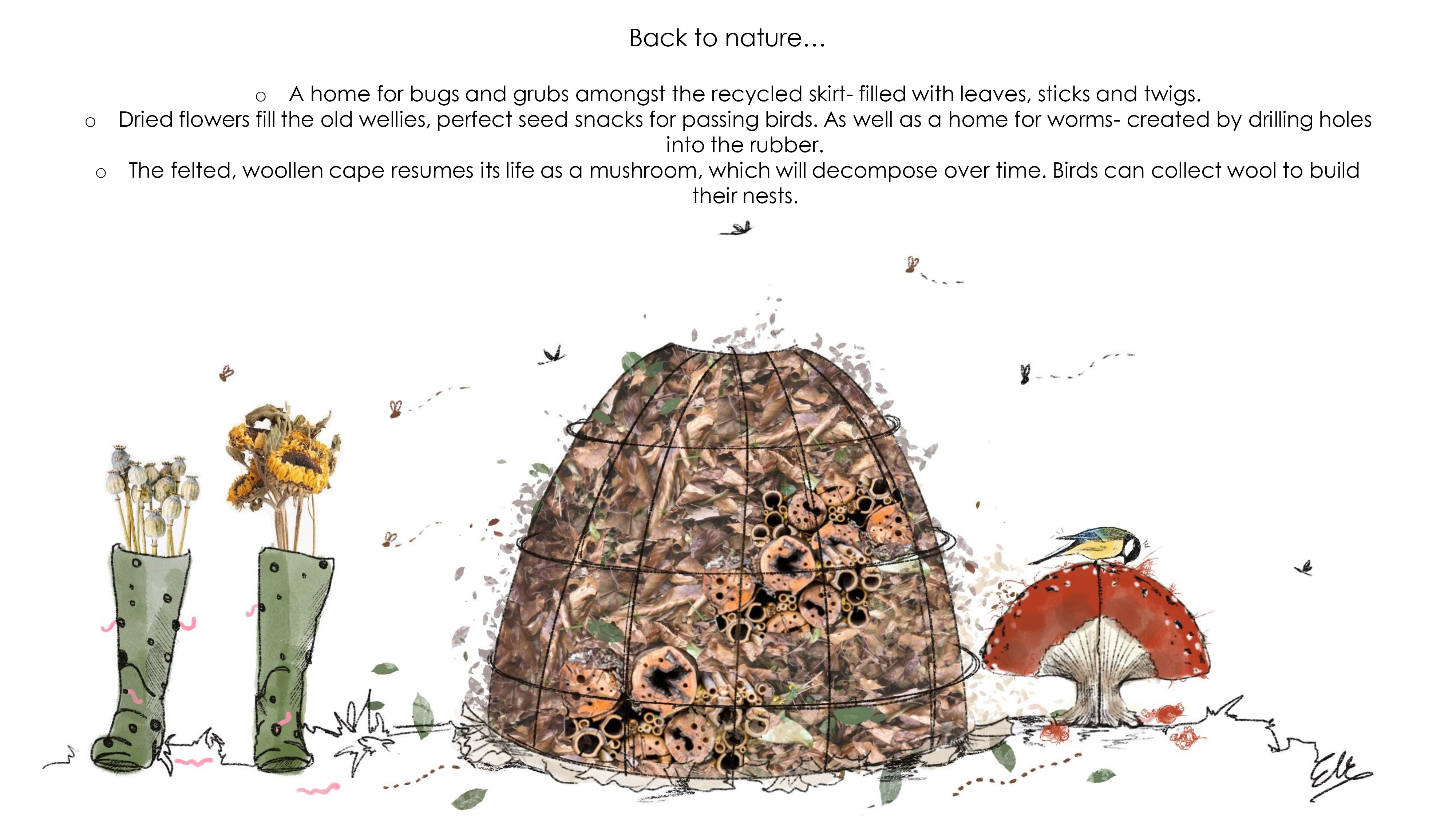 Illustration of wellingtons boots, a home for worms made from wood and wires and a mushroom shaped bird feeder