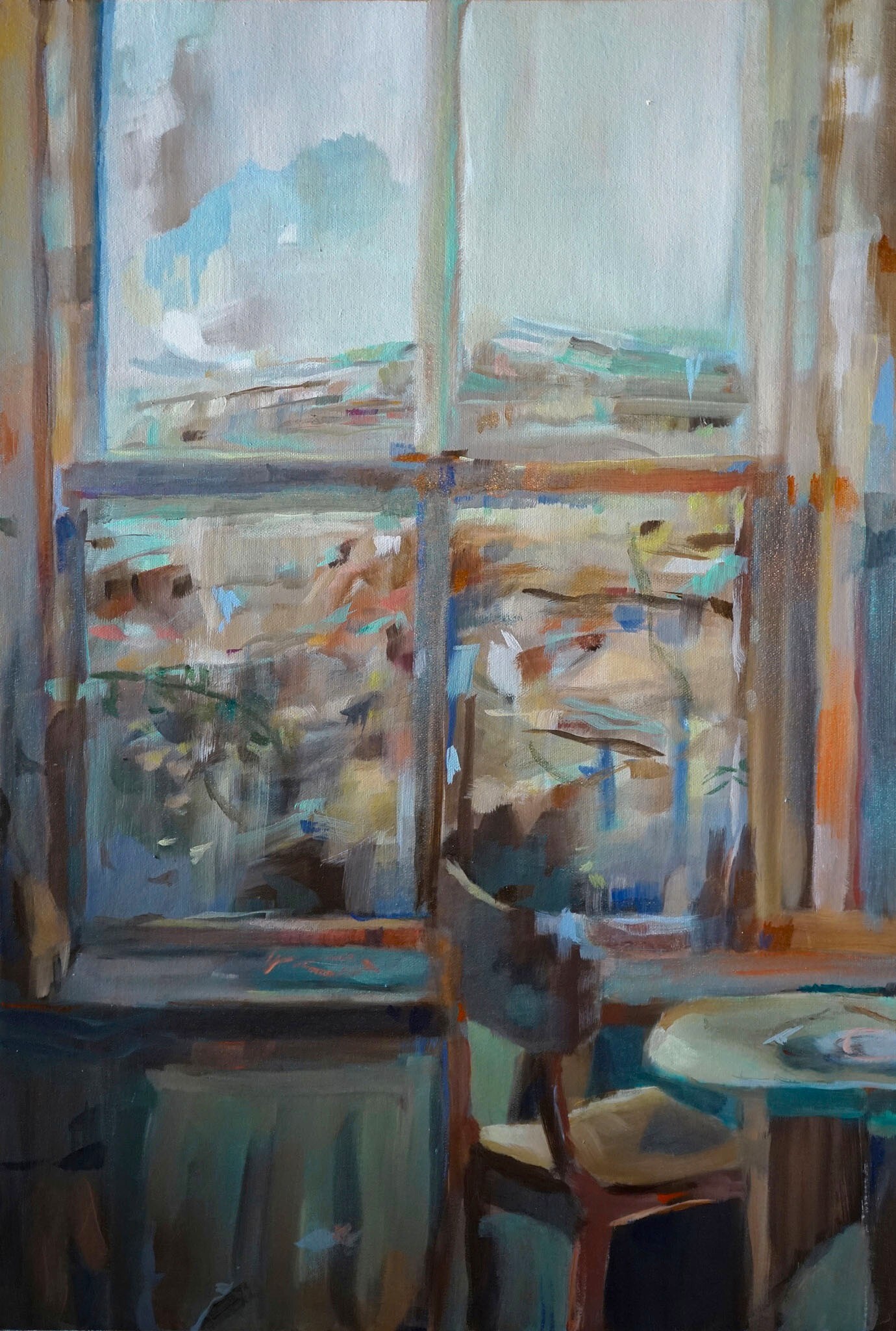 Abstract painting with loose brushstrokes depicting window frame in blues and whites, chair with circular seat below in earth tones.
