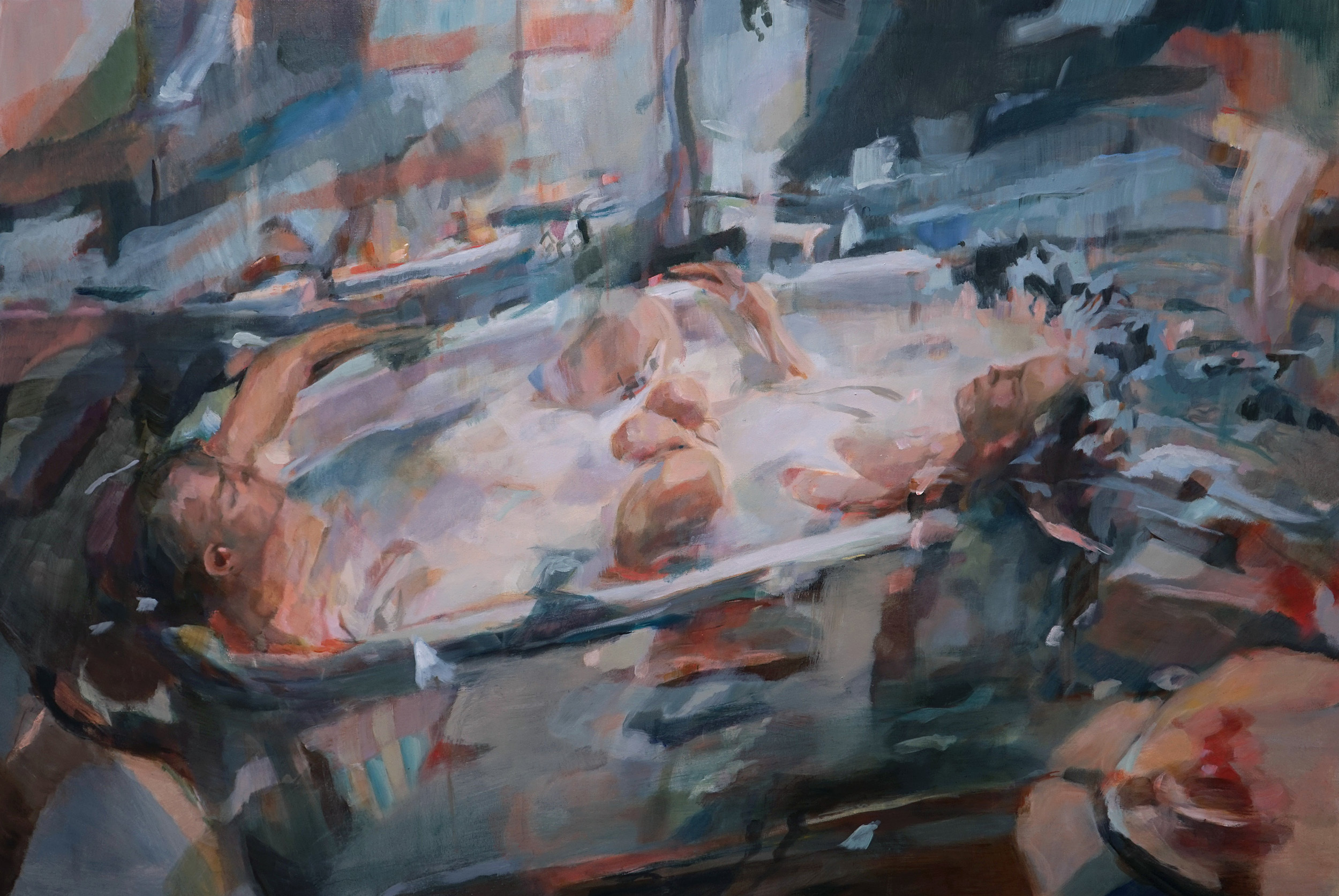 Painting of two people sat in a in a bath
