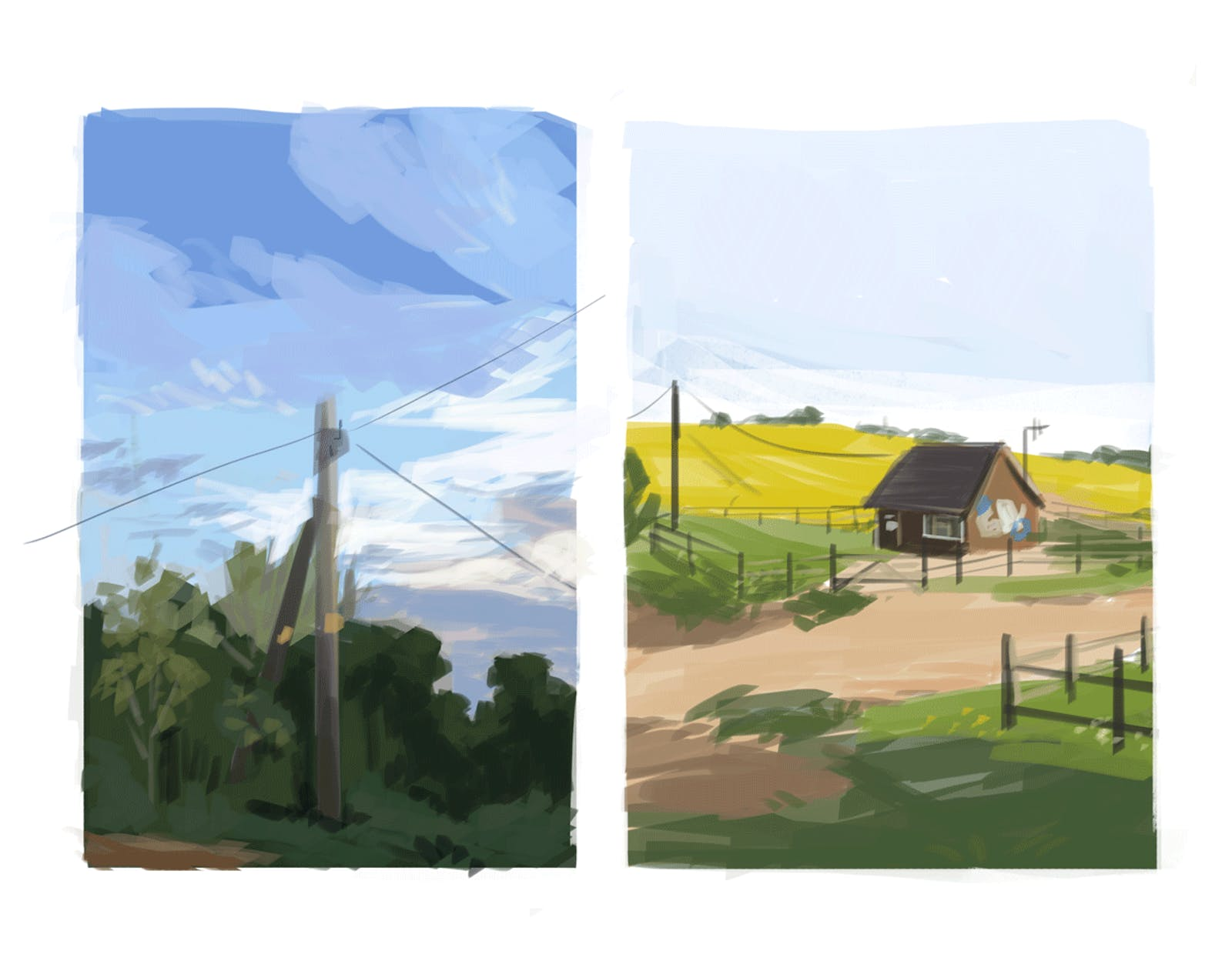 Two paintings. The left-hand image is of a country landscape with a telephone pole. The right-hand image is of a farm house with fences and fields in the background.