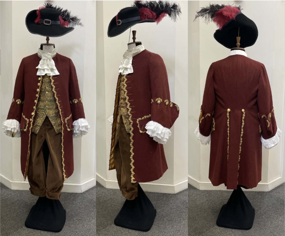 Three images of a red and gold Captain Hook costume with a feather hat and ruffles on a mannequin, white background.