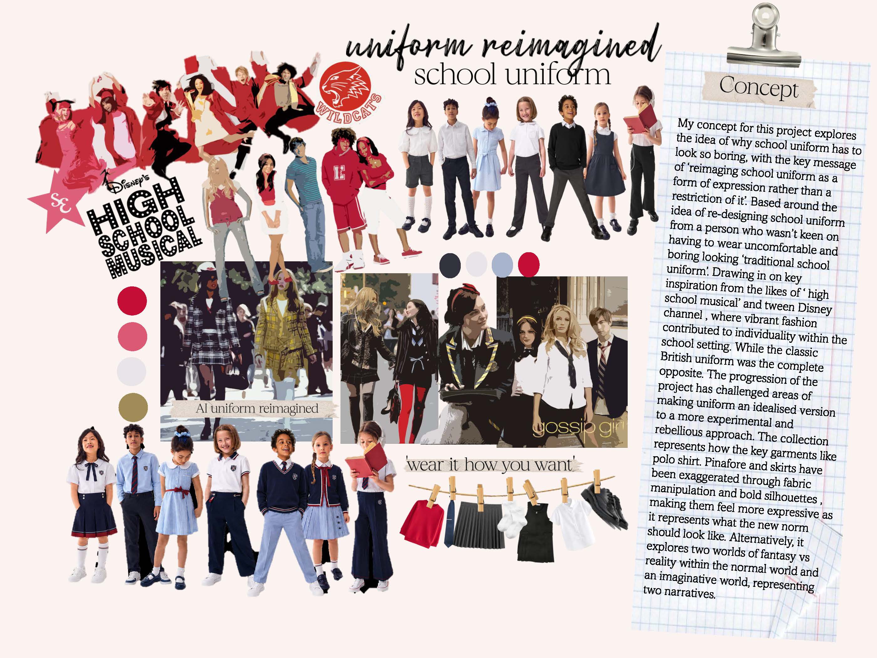 A collage featuring various designs of school uniforms inspired by 'High School Musical'. The image includes illustrations of students wearing diverse styles, alongside text describing the project concept to reimagine school attire.