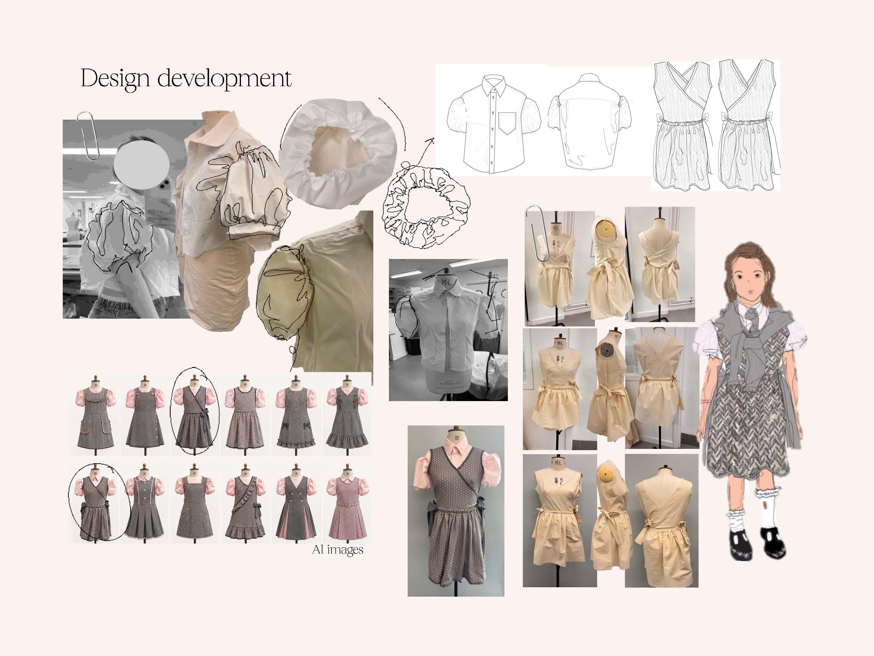A collage of fashion design development images, including sketches and photographs of clothing, featuring dresses, blouses, and sketches of fabric details. A character illustration is also included, alongside various dress styles on mannequins.