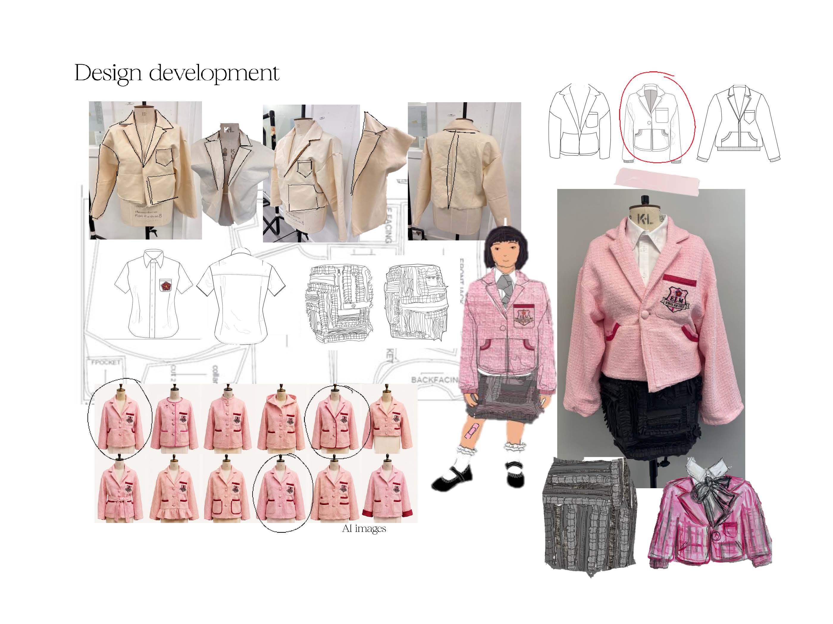 A collage displaying the design development of a clothing collection. It includes sketches, images of various pink blazer designs, a mannequin with a pink jacket and black skirt, and the phrase 'Design development' at the top.