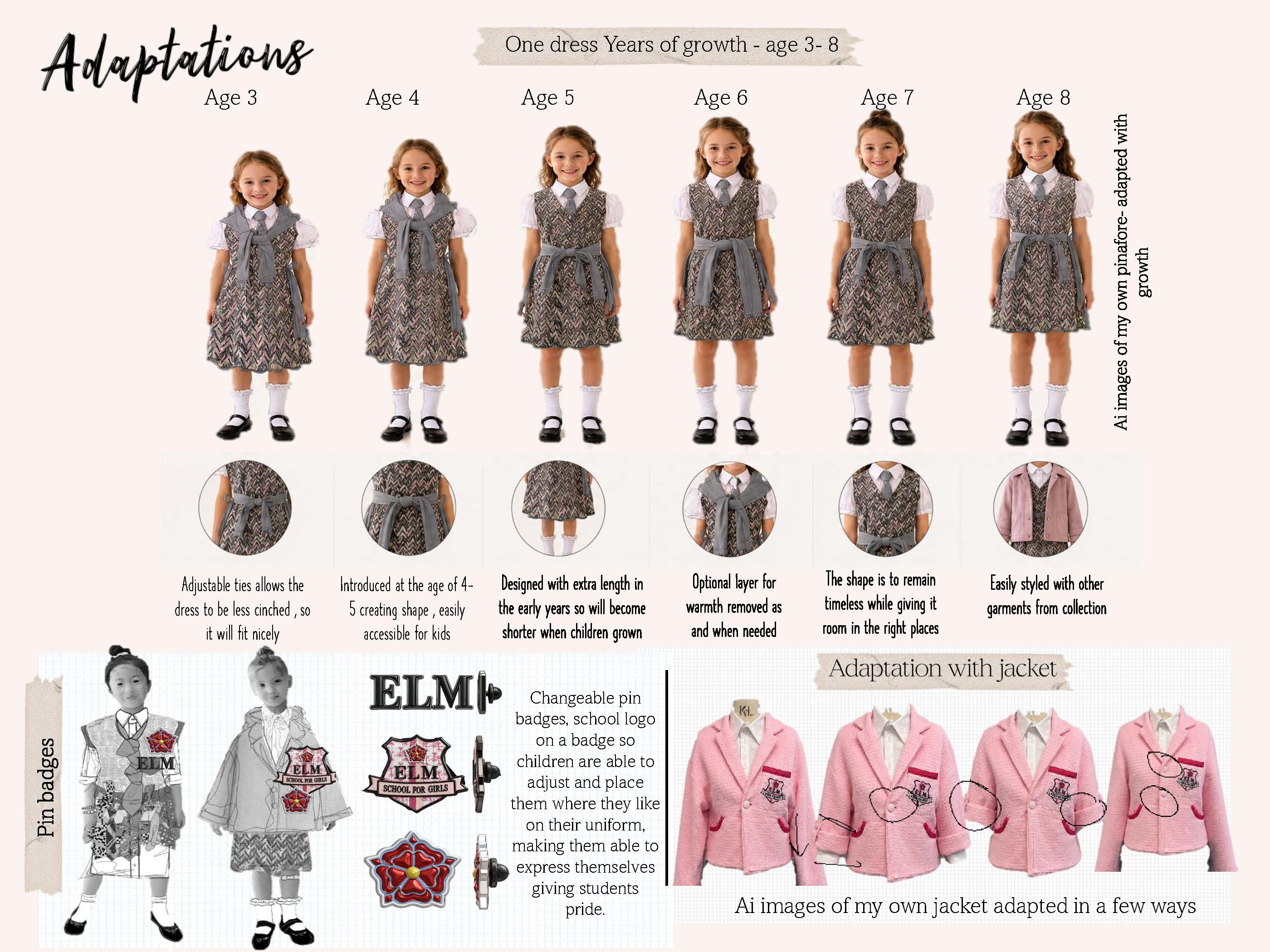 An educational infographic demonstrating the adaptations of a dress suitable for children aged 3 to 8. Features a model wearing the dress at different ages, alongside descriptions for each age's dress features, and adaptations like pin badges and a jacket.