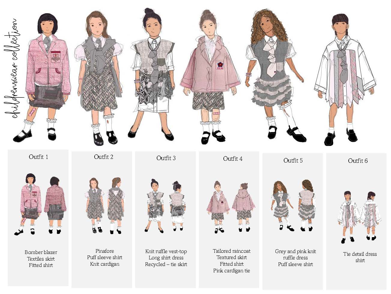 Six fashion illustrations of girls wearing various outfits. Outfits include a bomber blazer, pinafore dress, knit ruffle vest top, tailored raincoat, and grey plaid dress. Each outfit is paired with suitable shoes and accessories.