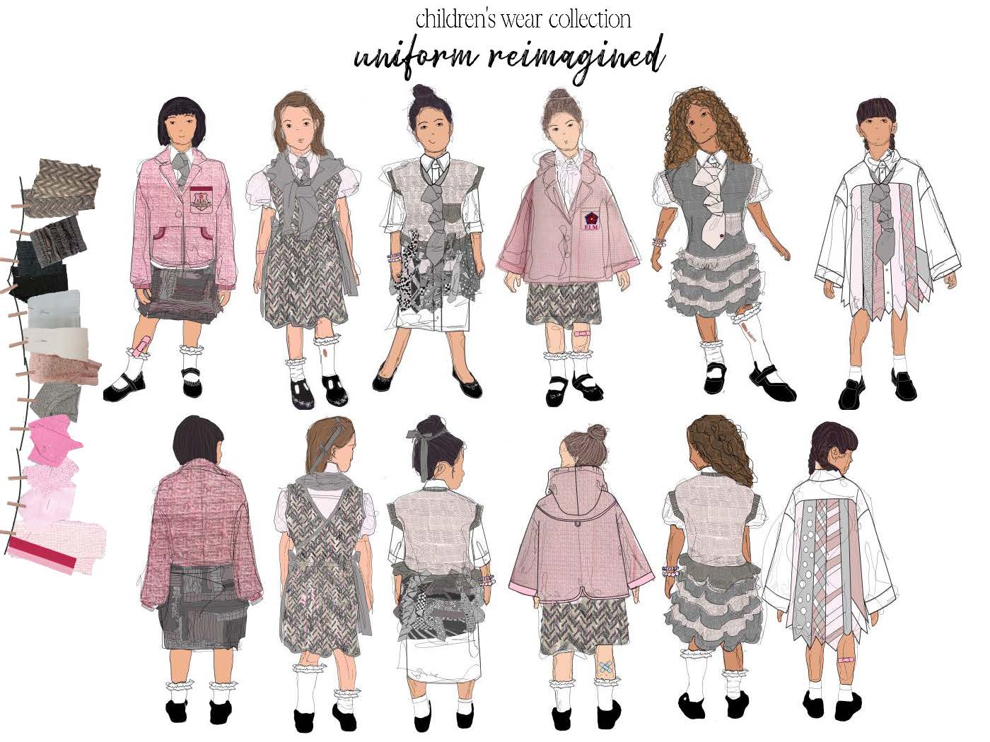 Illustrations of girls wearing various outfits designed for a children's wear collection titled "Uniform Reimagined." The designs feature a mix of patterns and colours, including dresses, skirts, and jackets, displayed in a grid format.