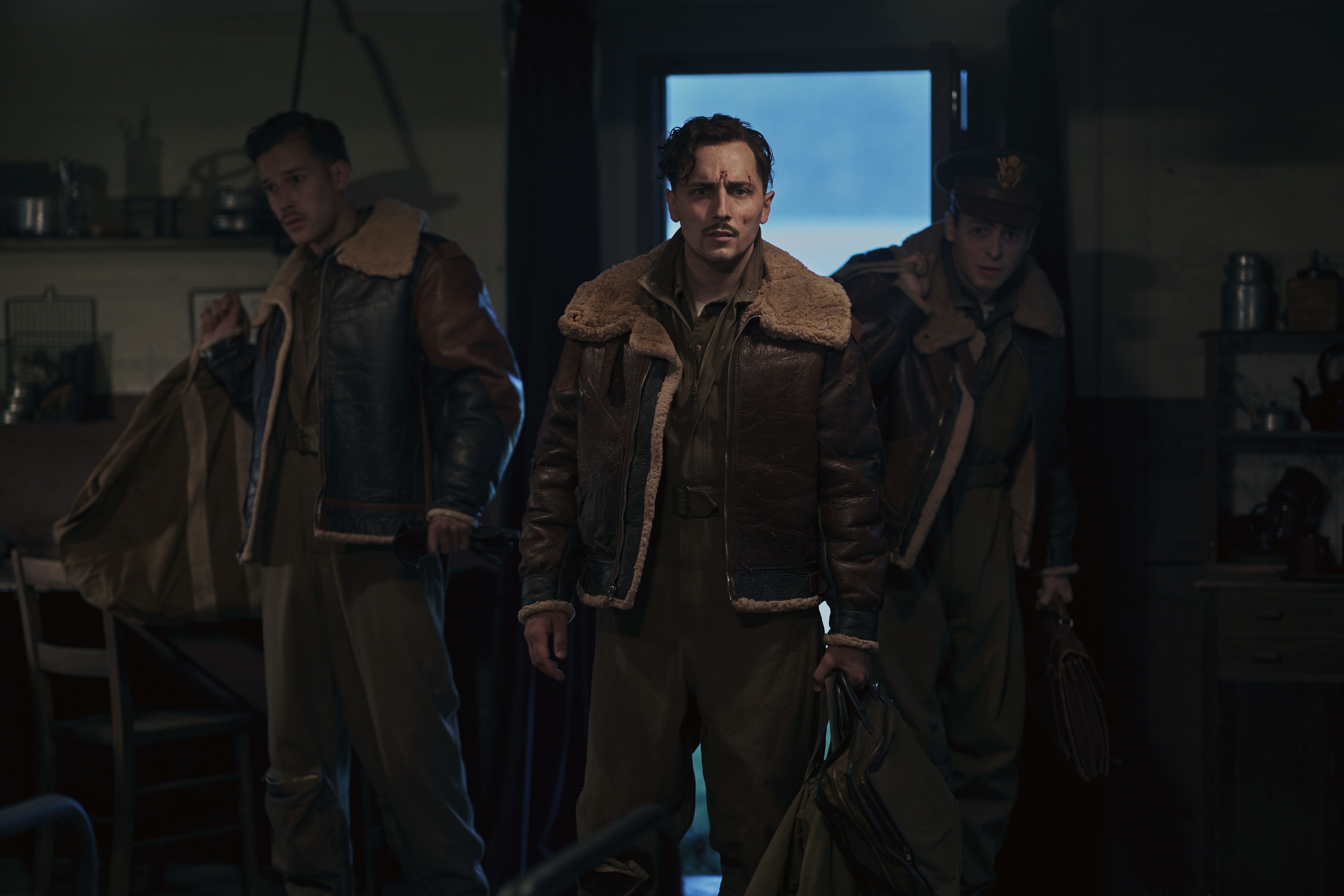 Still of Elliot Warren and Anthony Boyle in character from the war drama series "Masters of the Air".