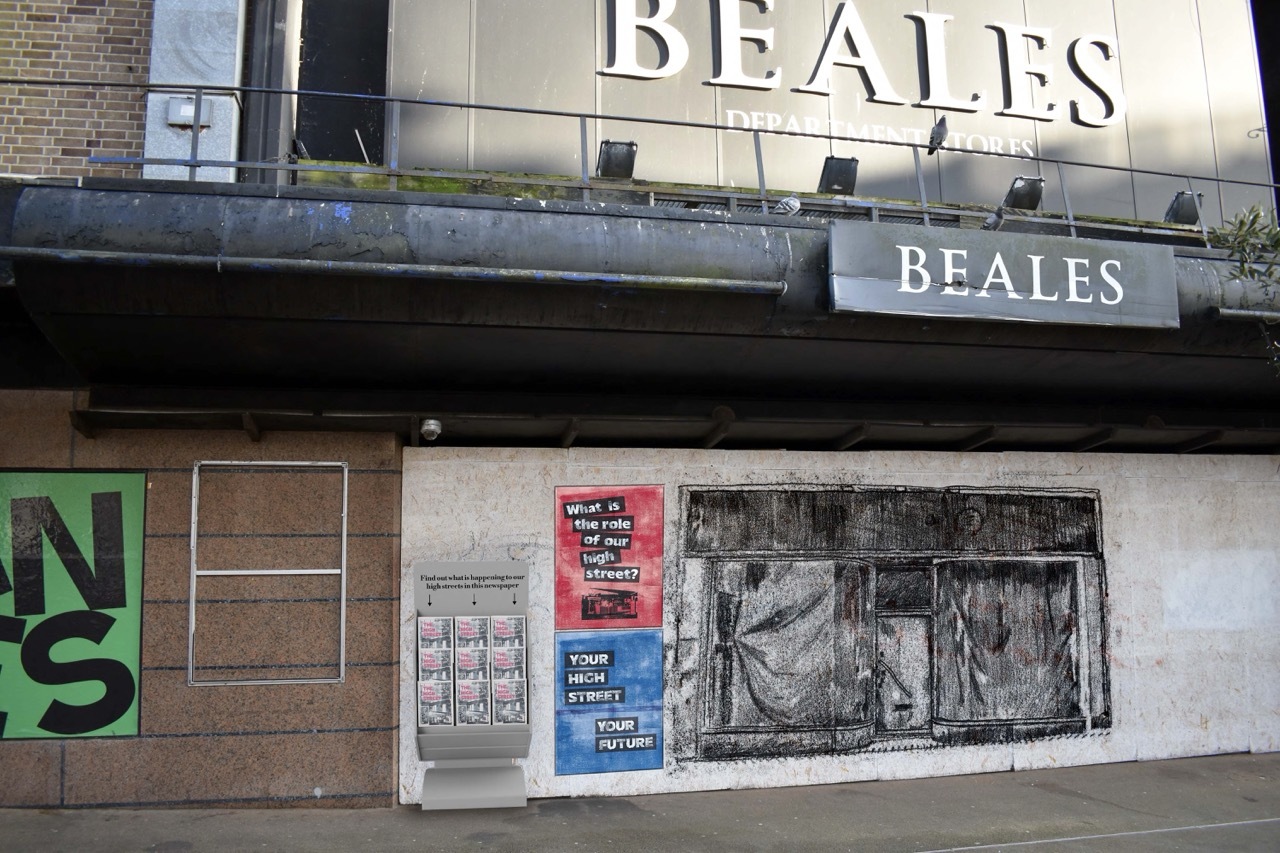 Closed Beales storefront in Bournemouth with an illustration of an abandoned shop and two posters, text about reviving our high streets.