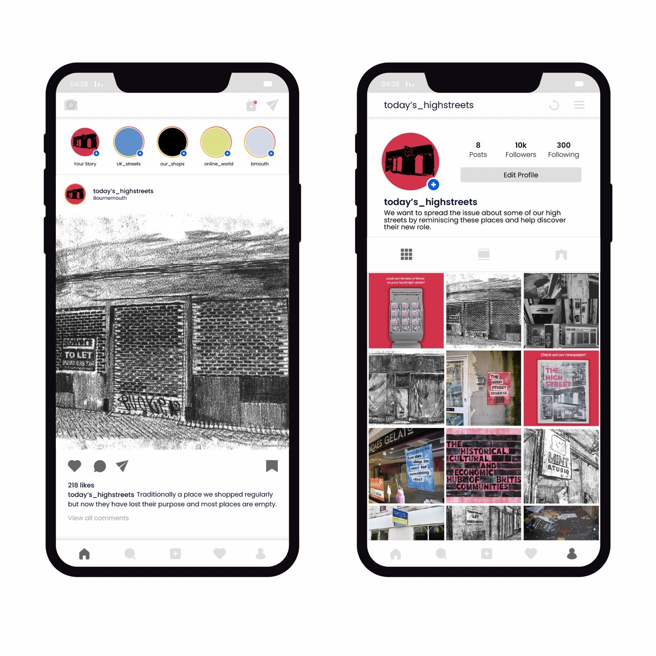 Instagram mockup for '@todayshighstreets' profile on two phones, post and profile.