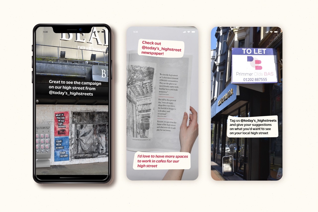 Instagram story mock-ups featuring images for the campaign in Bournemouth posted by others, three screenshots.