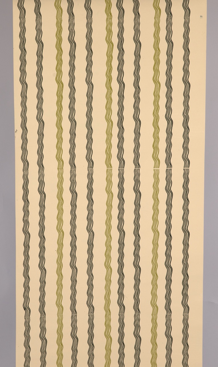 A vertical pattern of wavy lines in green and black on a light beige background. The lines are arranged in parallel vertical stripes, creating an alternating design.