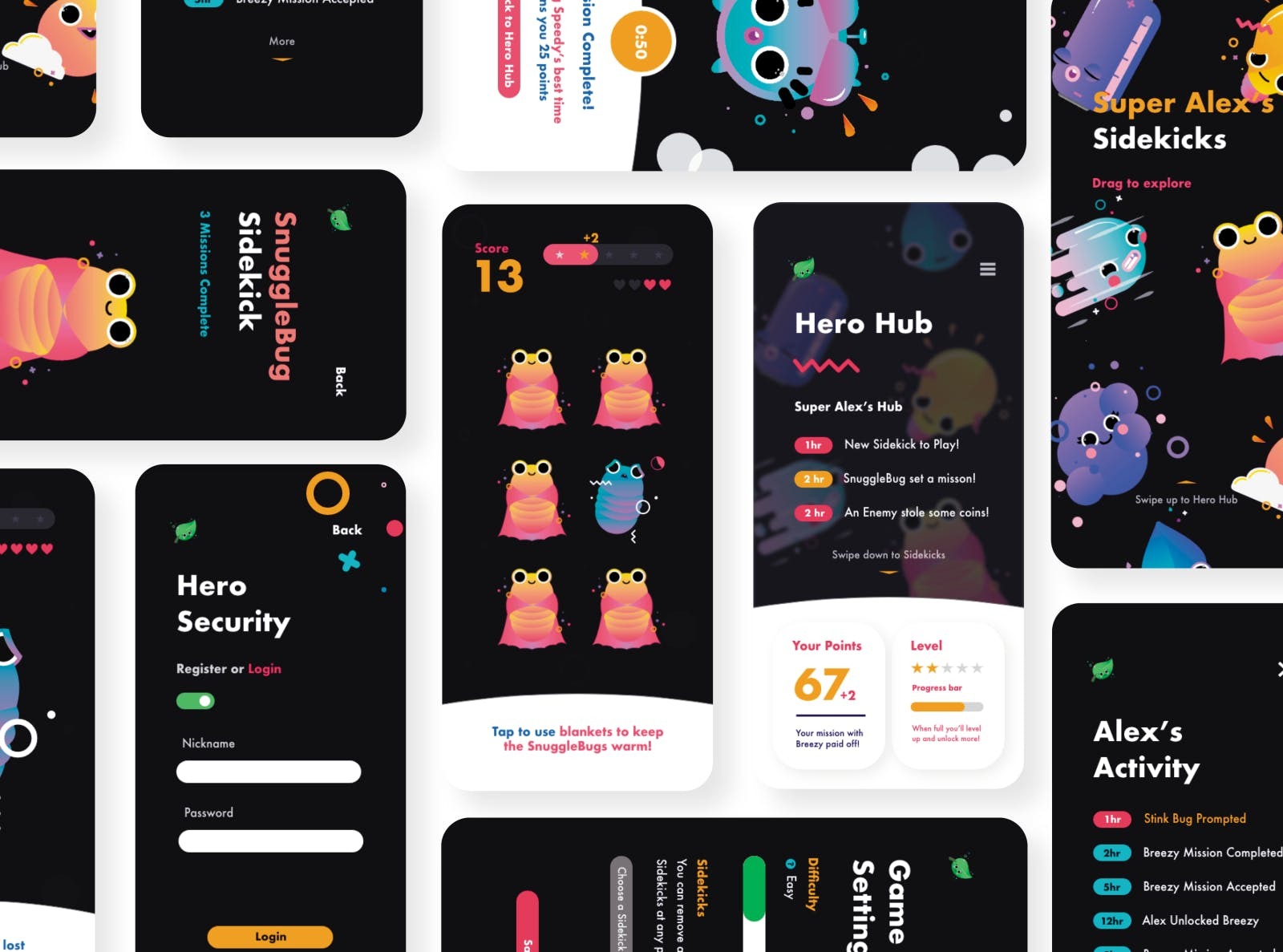 Mock up of game app screens