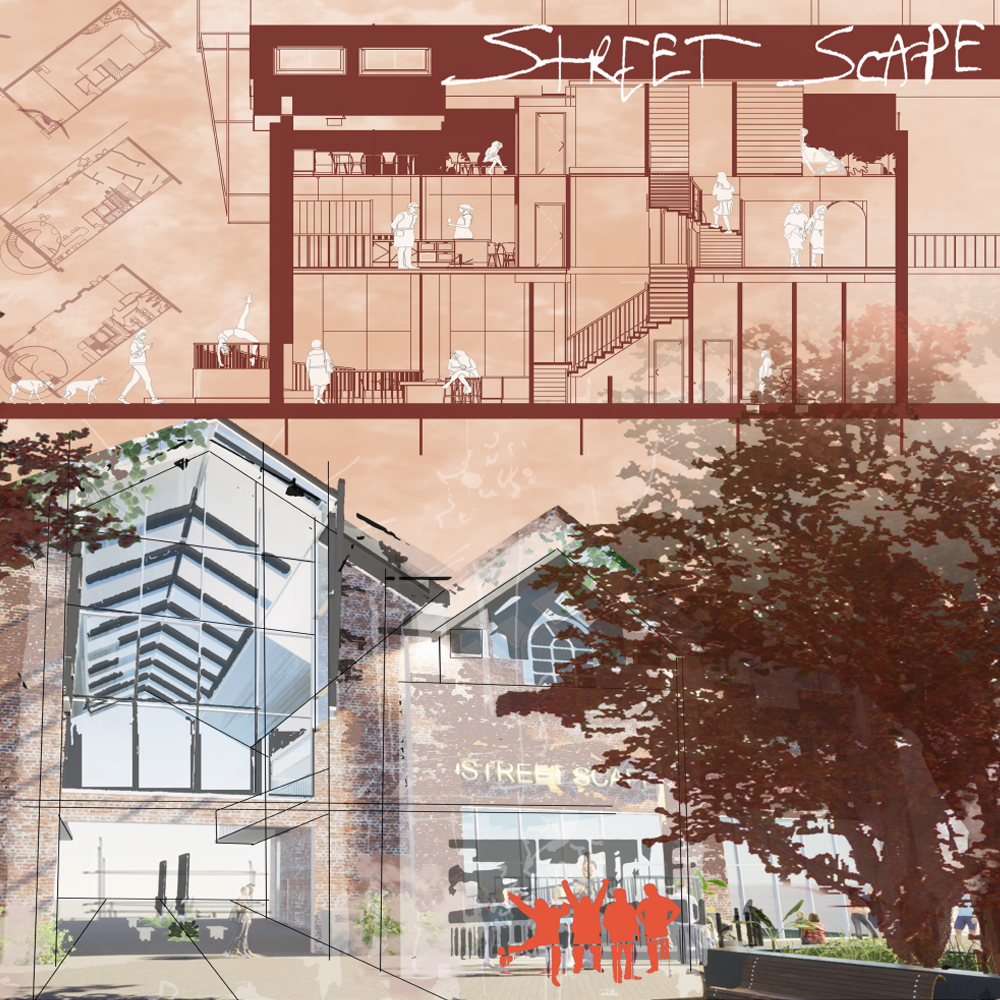 Concept collage demonstrating the front of the ‘street scape’ building site, with a section of the building in burgundy, and floor plans of the building in the background.