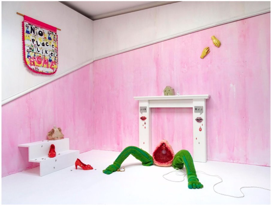 An abstract pink room scene