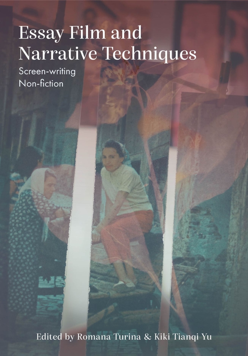 Book cover with white text overlay on blurred film still showing person in green top and pink trousers amongst fabric or clothing.