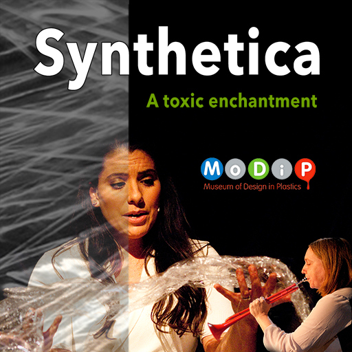 A person holding a piece of synthetic plastic in their hands. The text "Synthetica: A Toxic Enchantment" appears along the top.