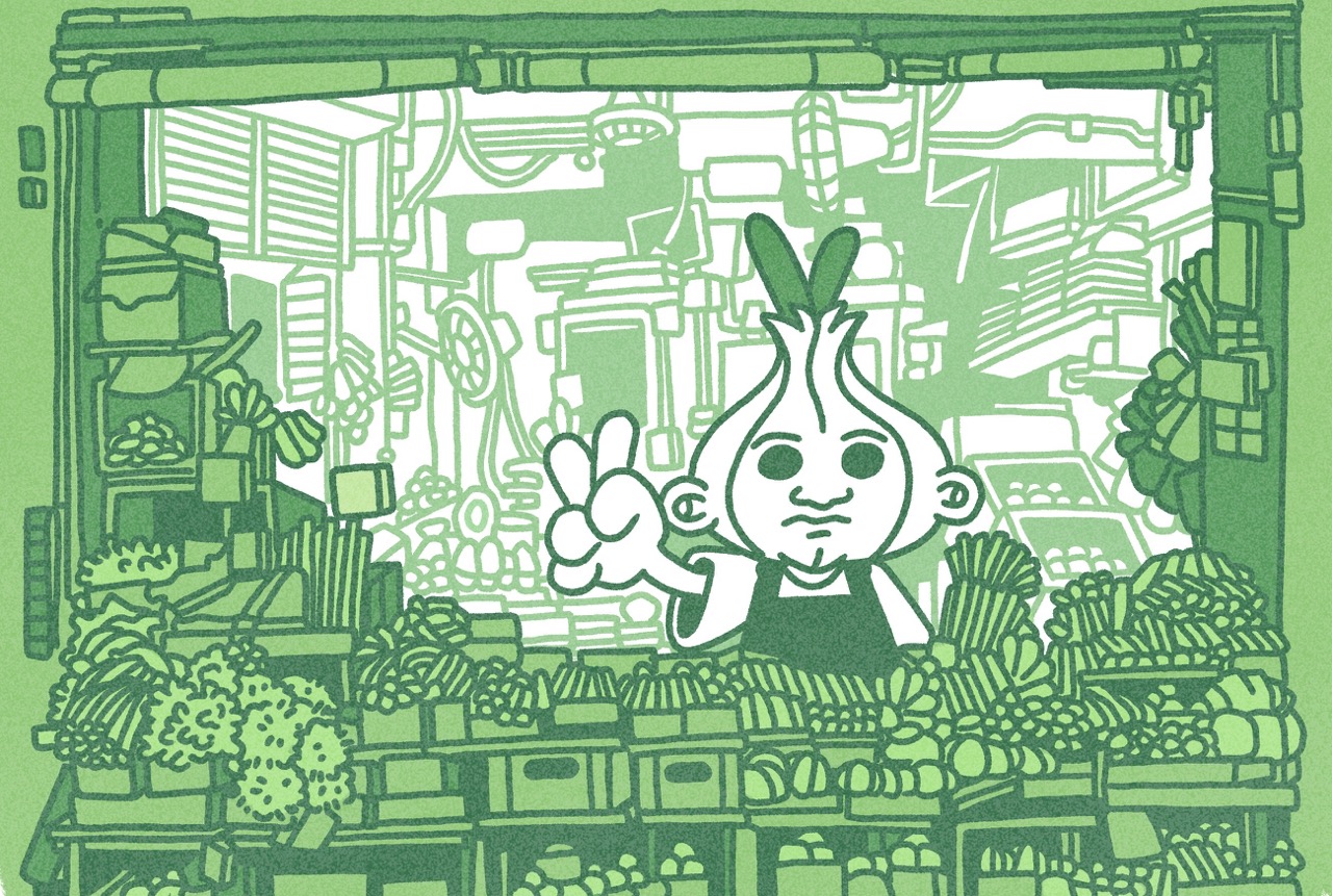 A stylised green illustration of a cartoon root vegetable character making a peace sign at a market stall, surrounded by piled leafy produce and hanging vegetables.