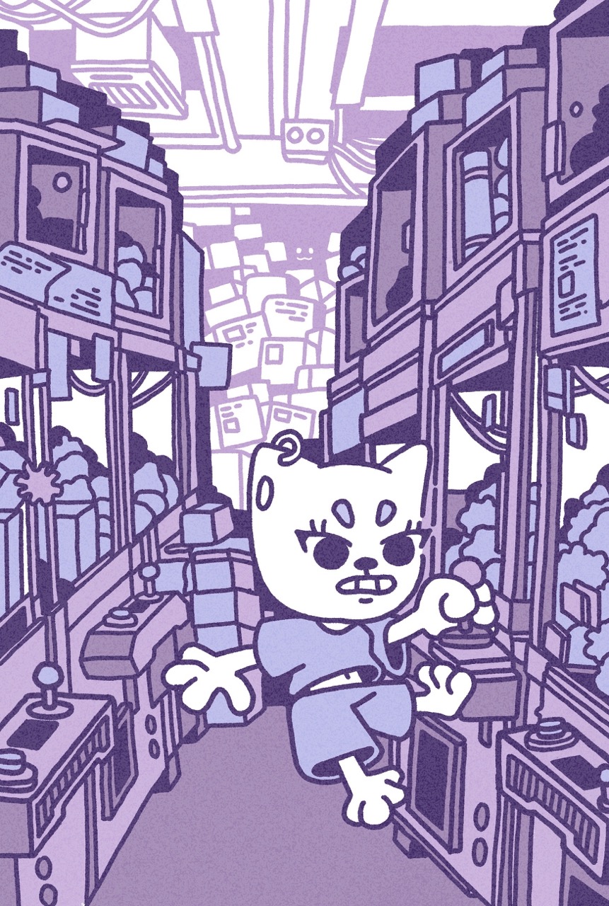 A cartoon cat in a blue outfit walks down an aisle between tall storage shelves filled with boxes and equipment.