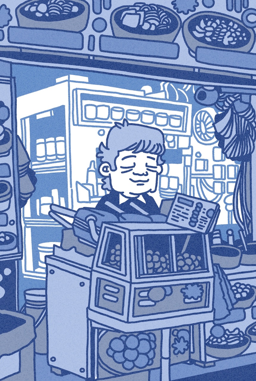 A cartoon-style image of a man working behind a market stall, with stacked produce and hanging goods in the background.