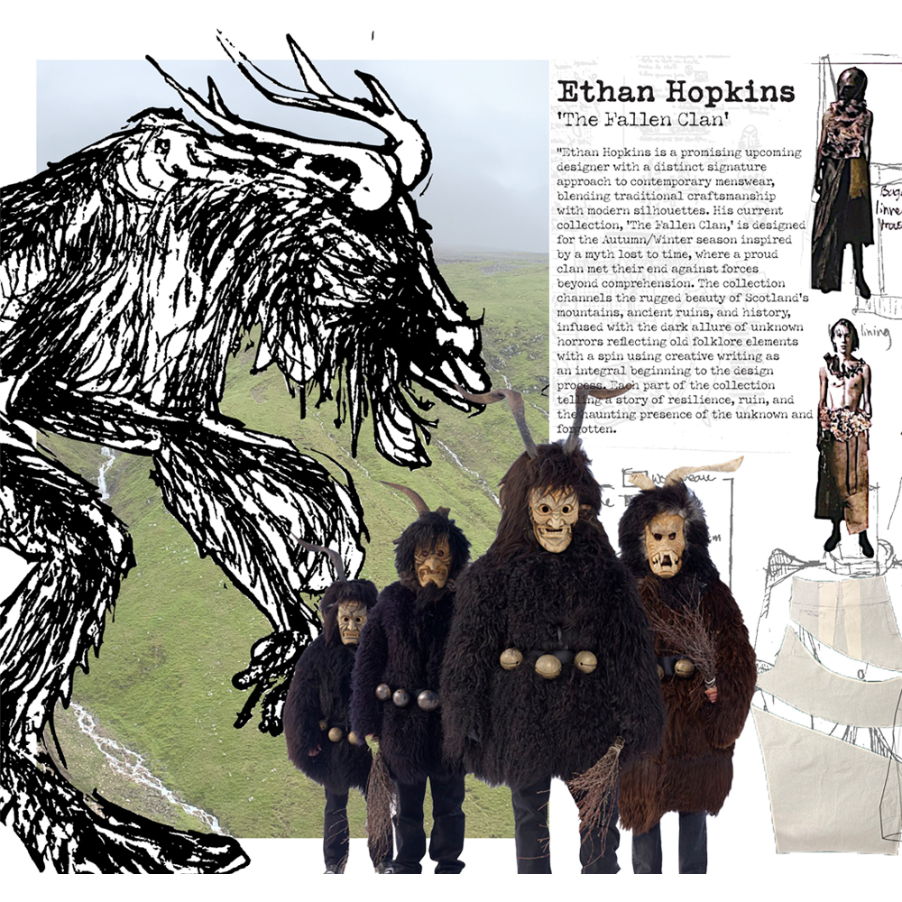 Concept art showing black ink creature with horns, five small hooded figures, text about Ethan Hopkins character, and costume designs.