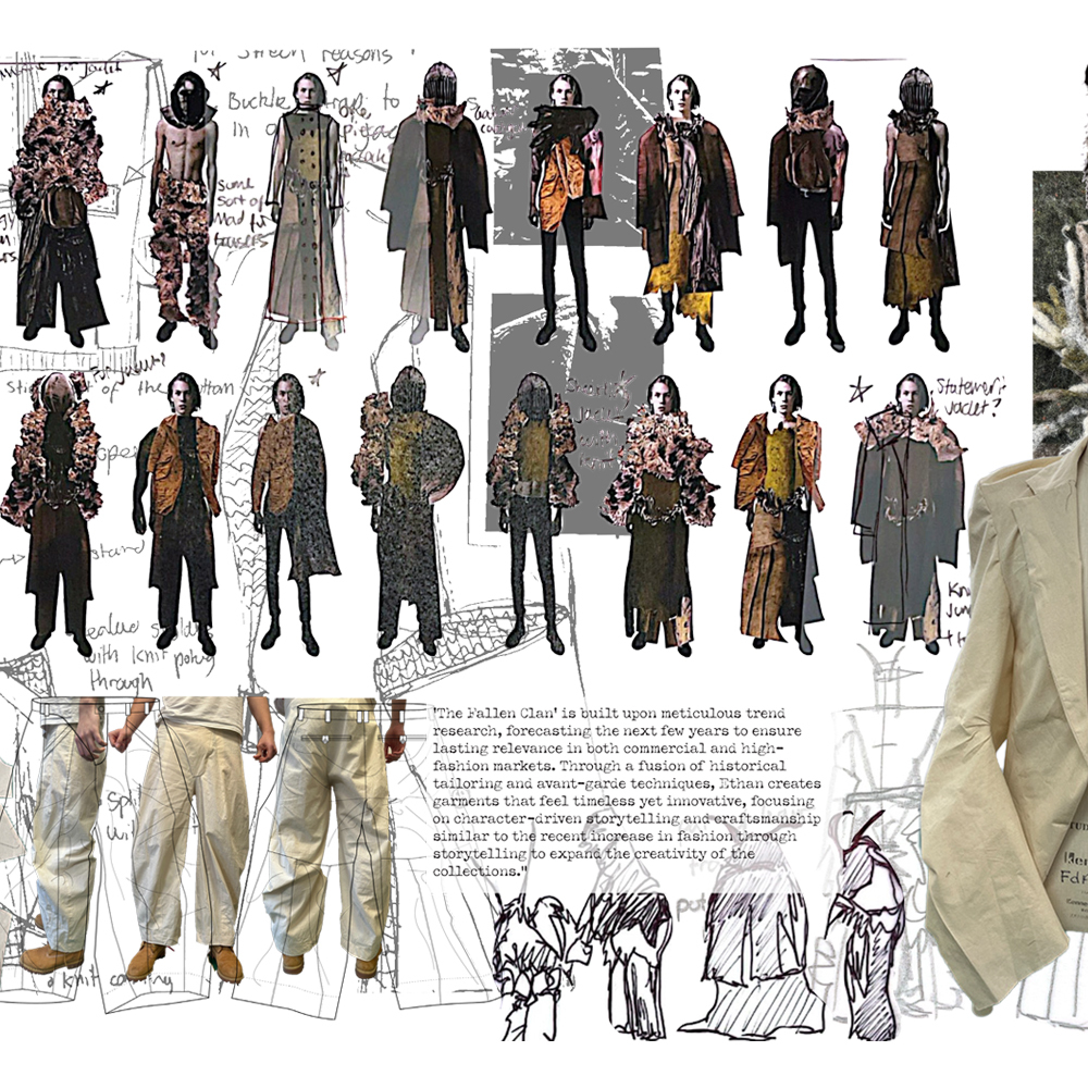 Character design sheets showing figures in dark hooded clothing and robes. Brown, grey, and orange colour palette with handwritten notes.
