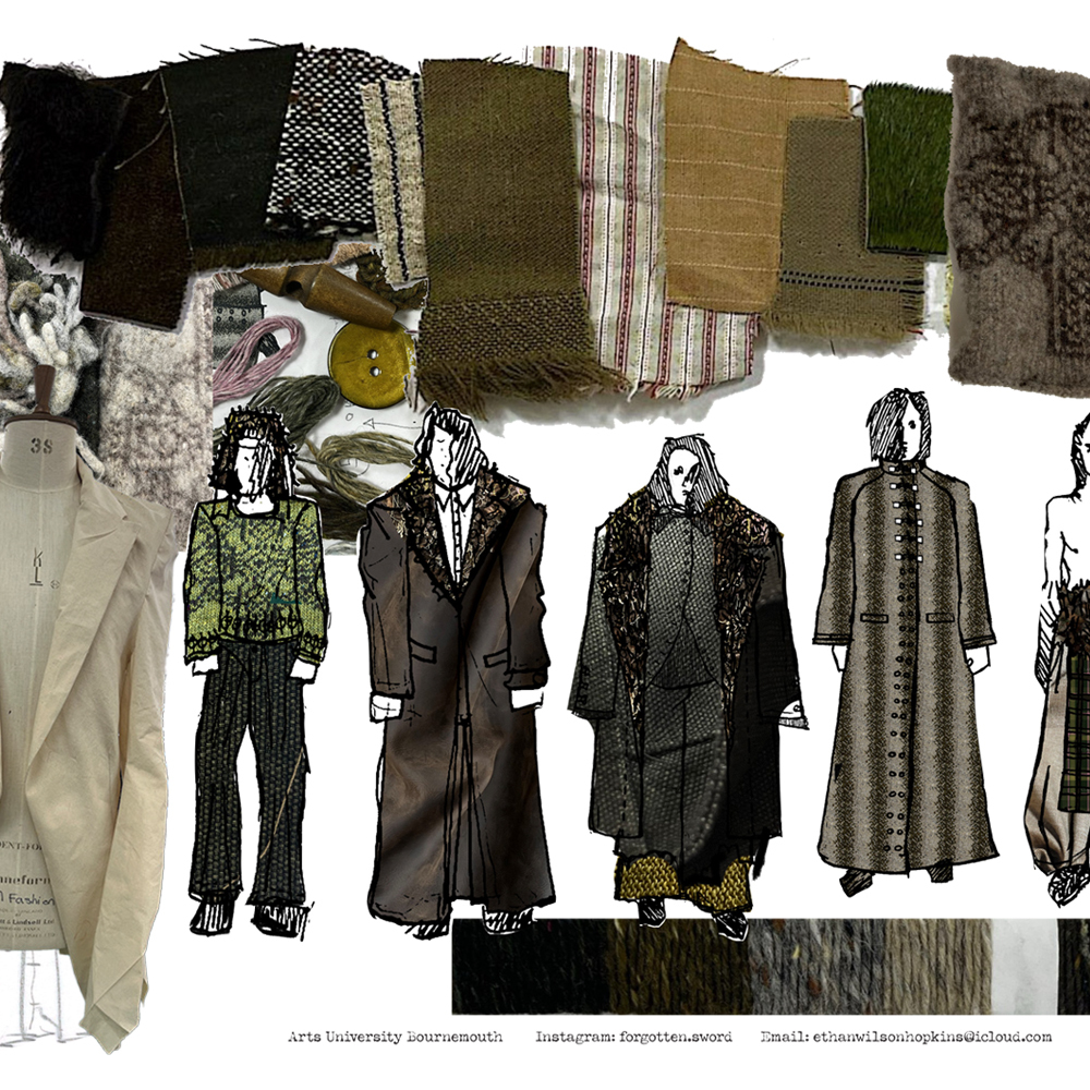 Fashion design mood board with fabric swatches in olive, brown, and grey tones above illustrated figures wearing layered garments.