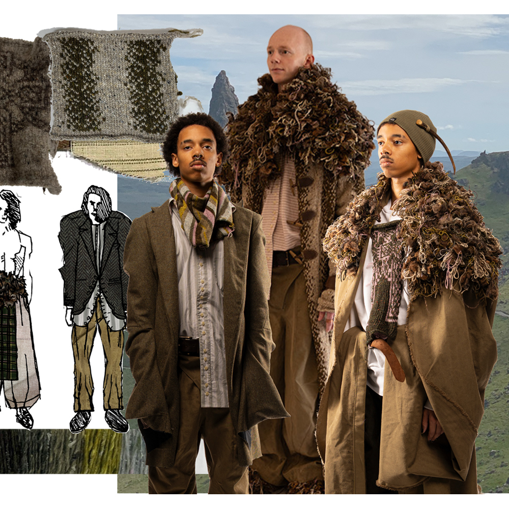 Three people in earth-toned clothing with feathered accessories stand outdoors. Fashion sketches visible on left side. Mountains in background.