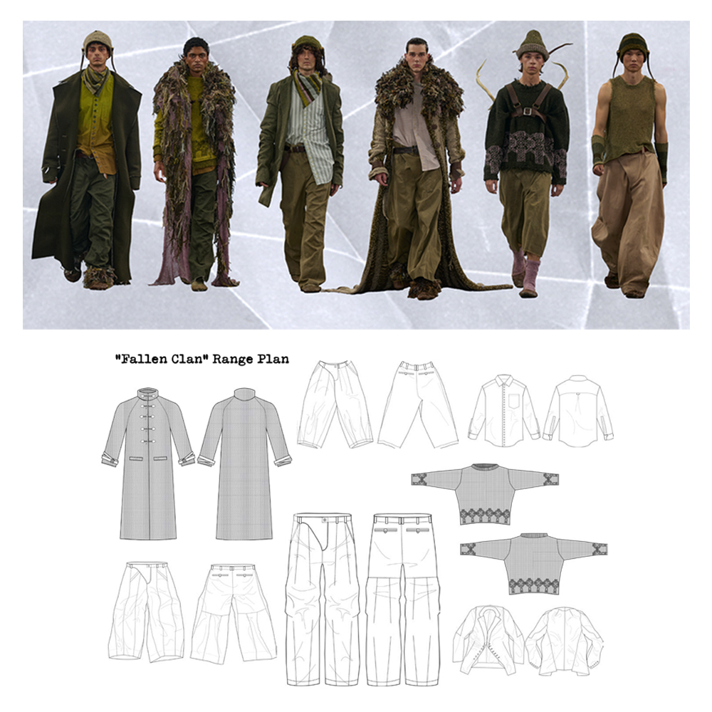 Six male figures in earth-toned nature-inspired clothing stand in line. Below, technical fashion sketches show garment construction details in grey line drawings.