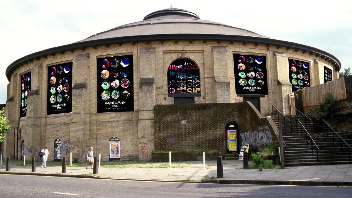 A picture of the Roundhouse in London, with the UMUSIC AUTUMN in each of the windows.
