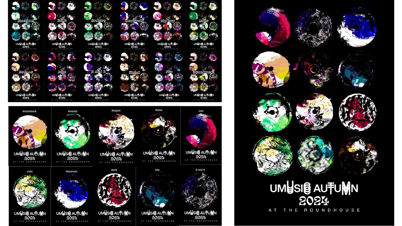 The 12 music genres would have their own identity, and this picture shows them all together. The genres are: Soundtrack, Country, Reggae, Metal, Jazz, Indie, Electronic, Rock, Pop, and R&B.