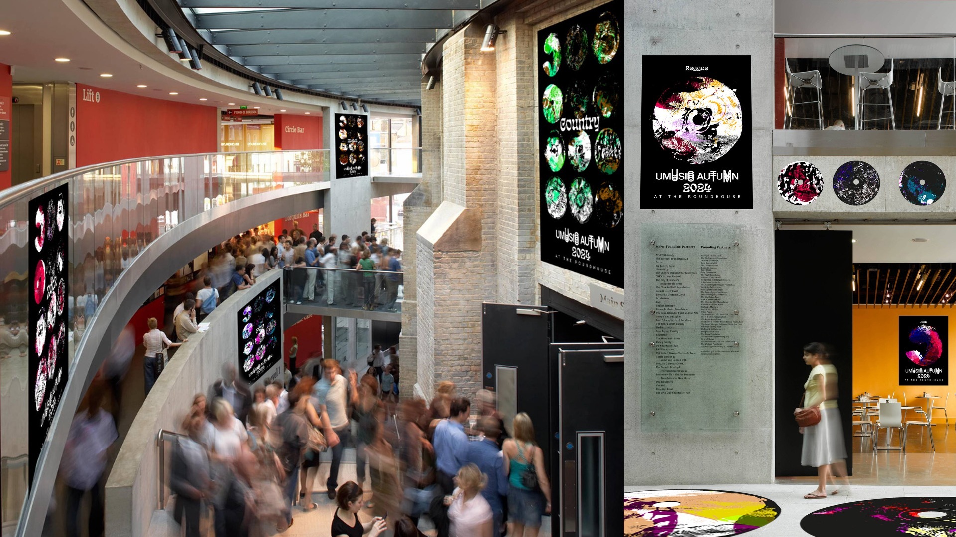 A mockup of the different genre identities spread across the main area inside The Roundhouse.
