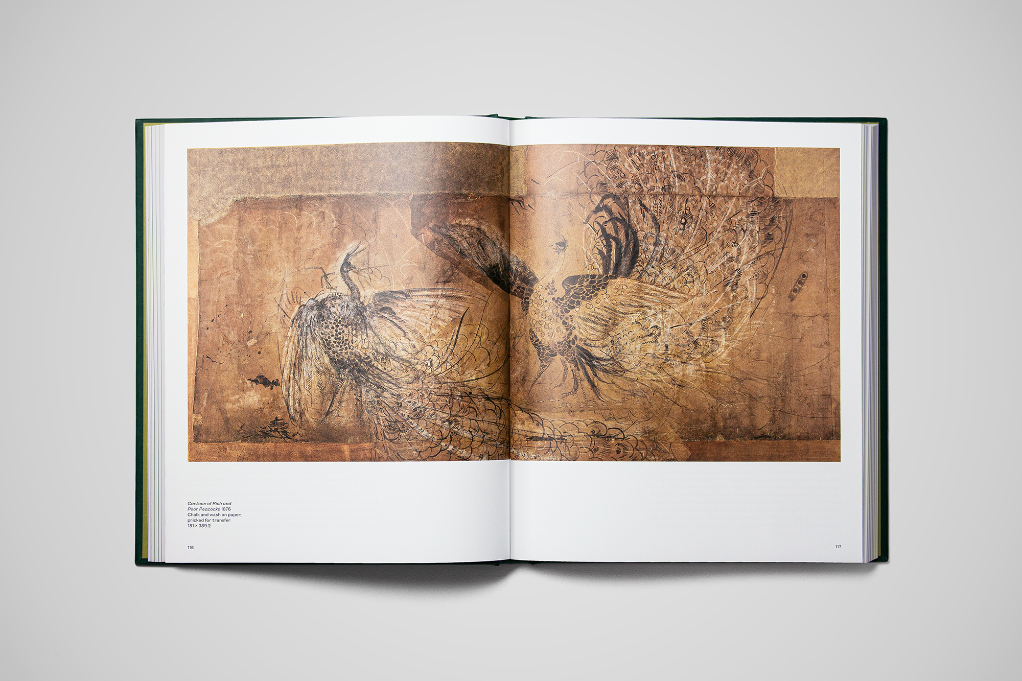 Double page spread from a book from the James McNeill Whistler exhibition, Tate Britain, showing an artwork entitled "Cartoon of Rich and Poor Peacocks" (1876)
