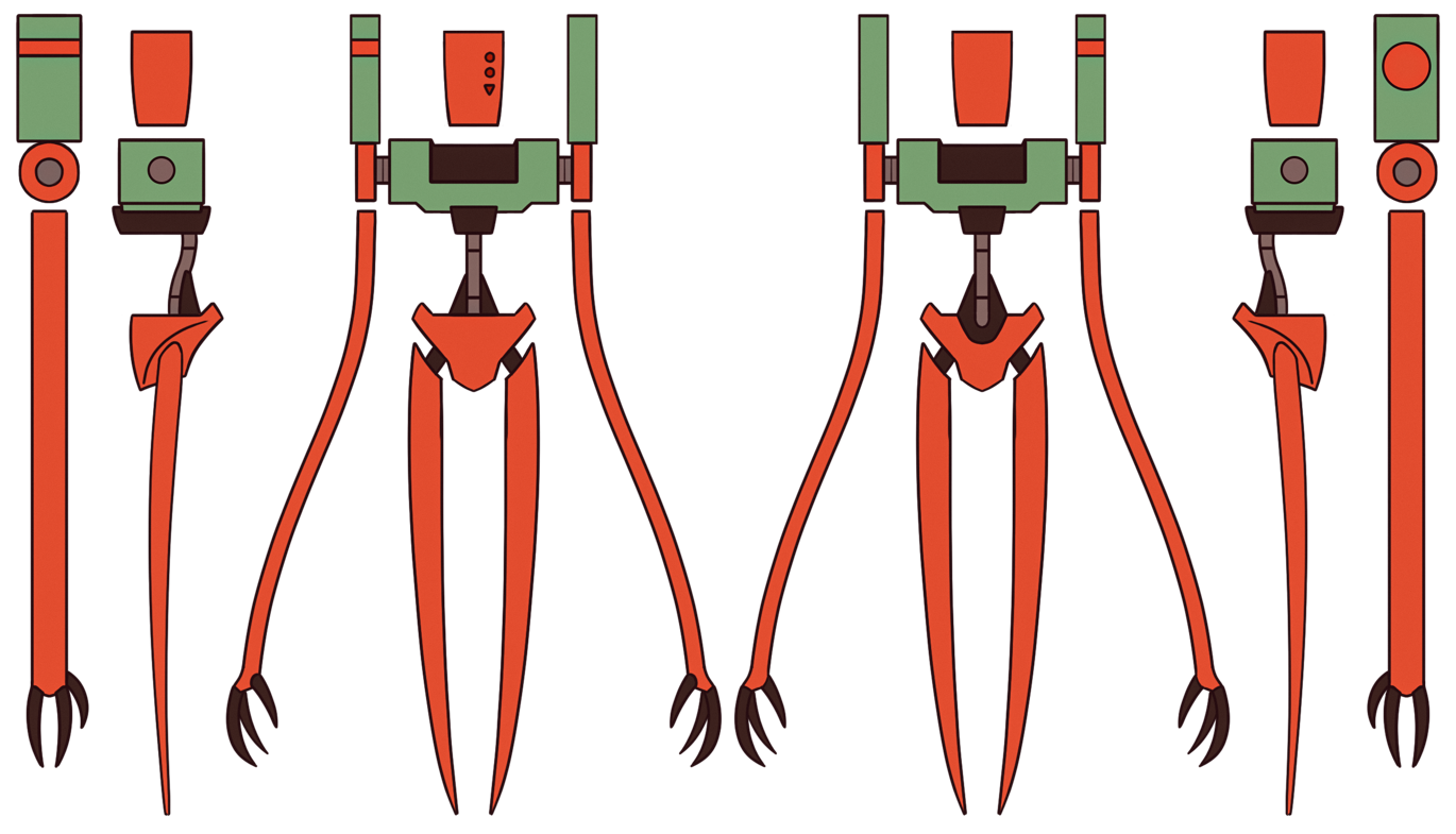 A skinny robot-like character with long arms and black claws shown from four different angles.
