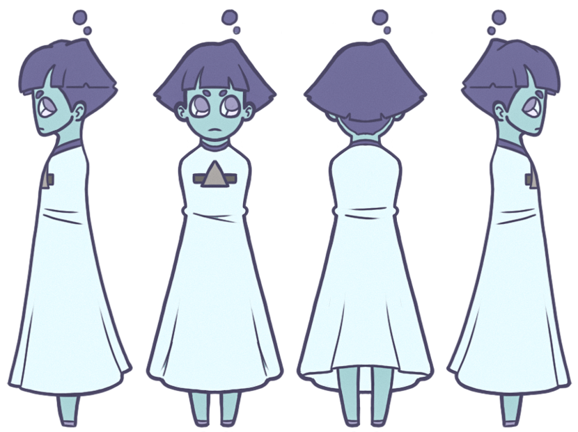 A blue-skinned and blue-haired character wearing a pale blue gown drawn from four different angles