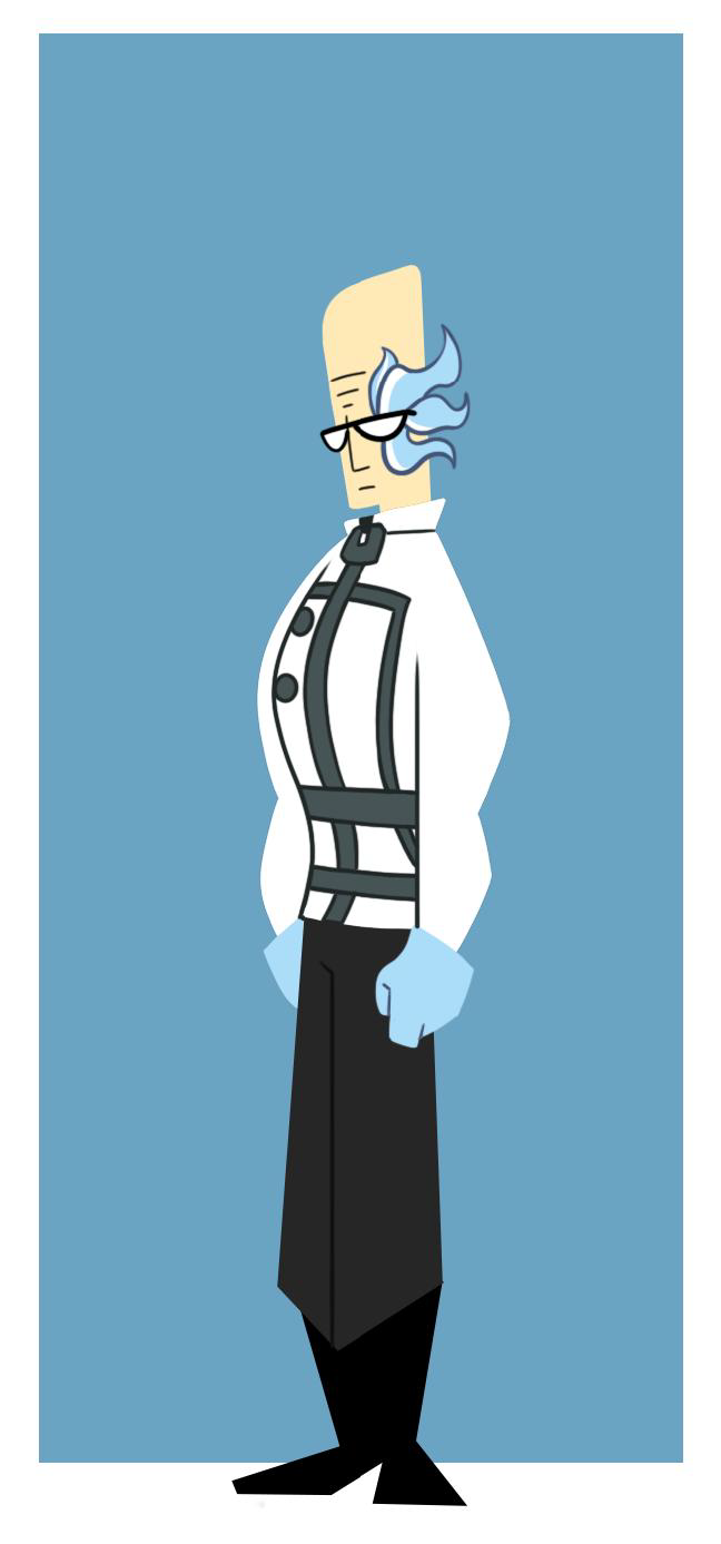 A character with a long head, wearing glasses, a black and white uniform and blue gloves, looks towards the viewer against a blue background.