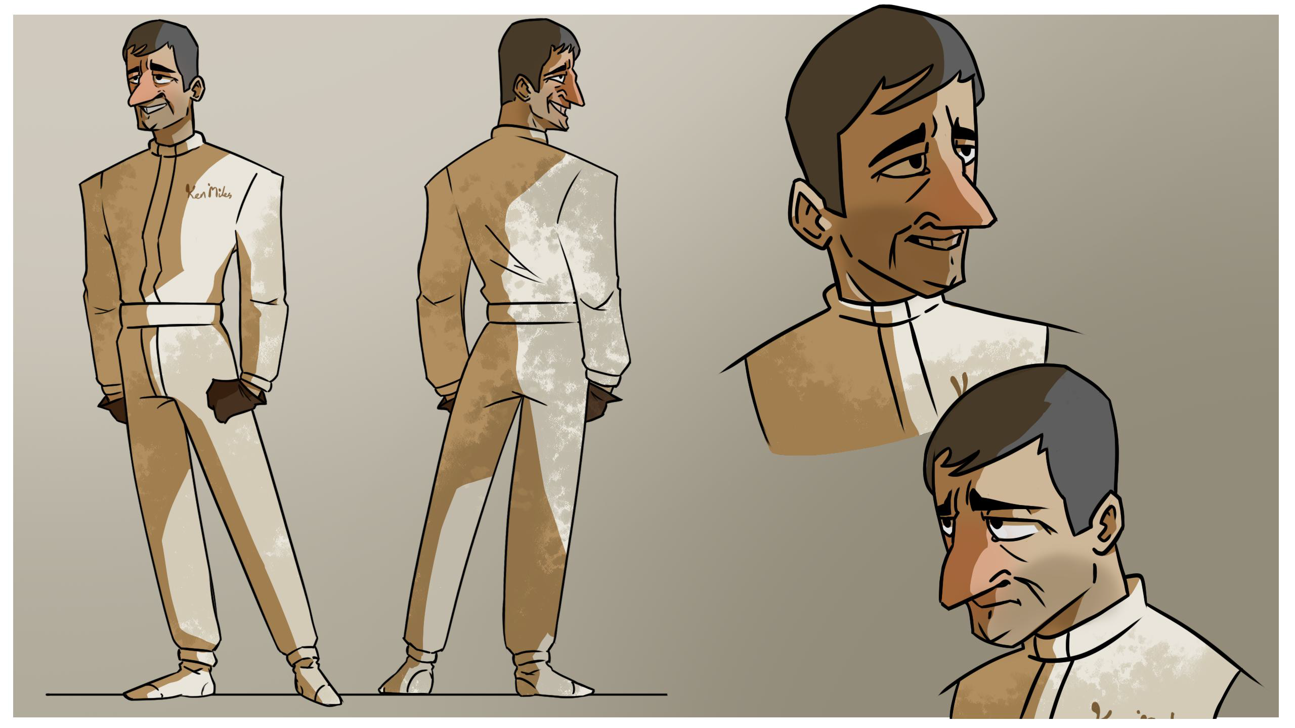 A human character with dark hair and stubble wearing a white/brown uniform drawn from the front and back. Two head-and-shoulders drawings of the same character from the right and left.