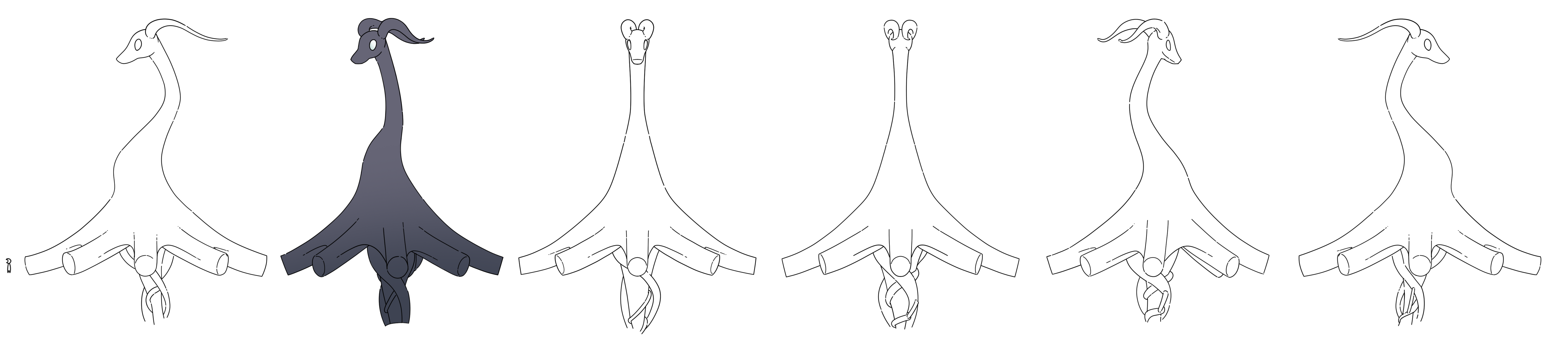 Six drawings of the same dragon-like multi-limbed creature, viewed from different angles.