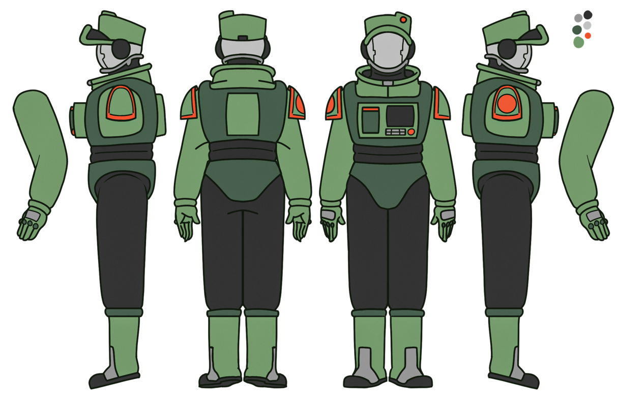 A robotic character in a green uniform shown from the front, back, and sides