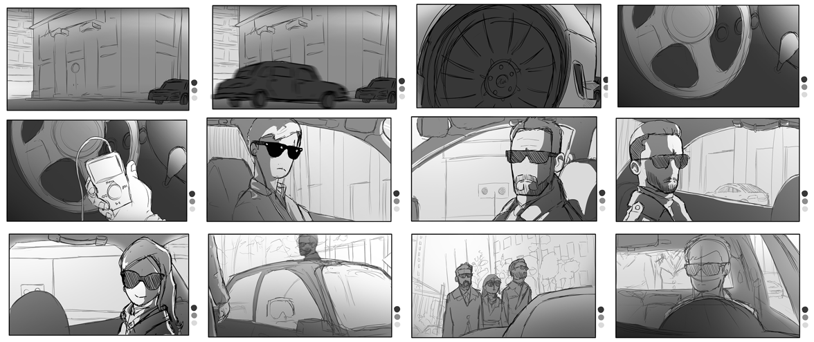 A grid of twelve storyboard frames of an animated scene taking place in a car.