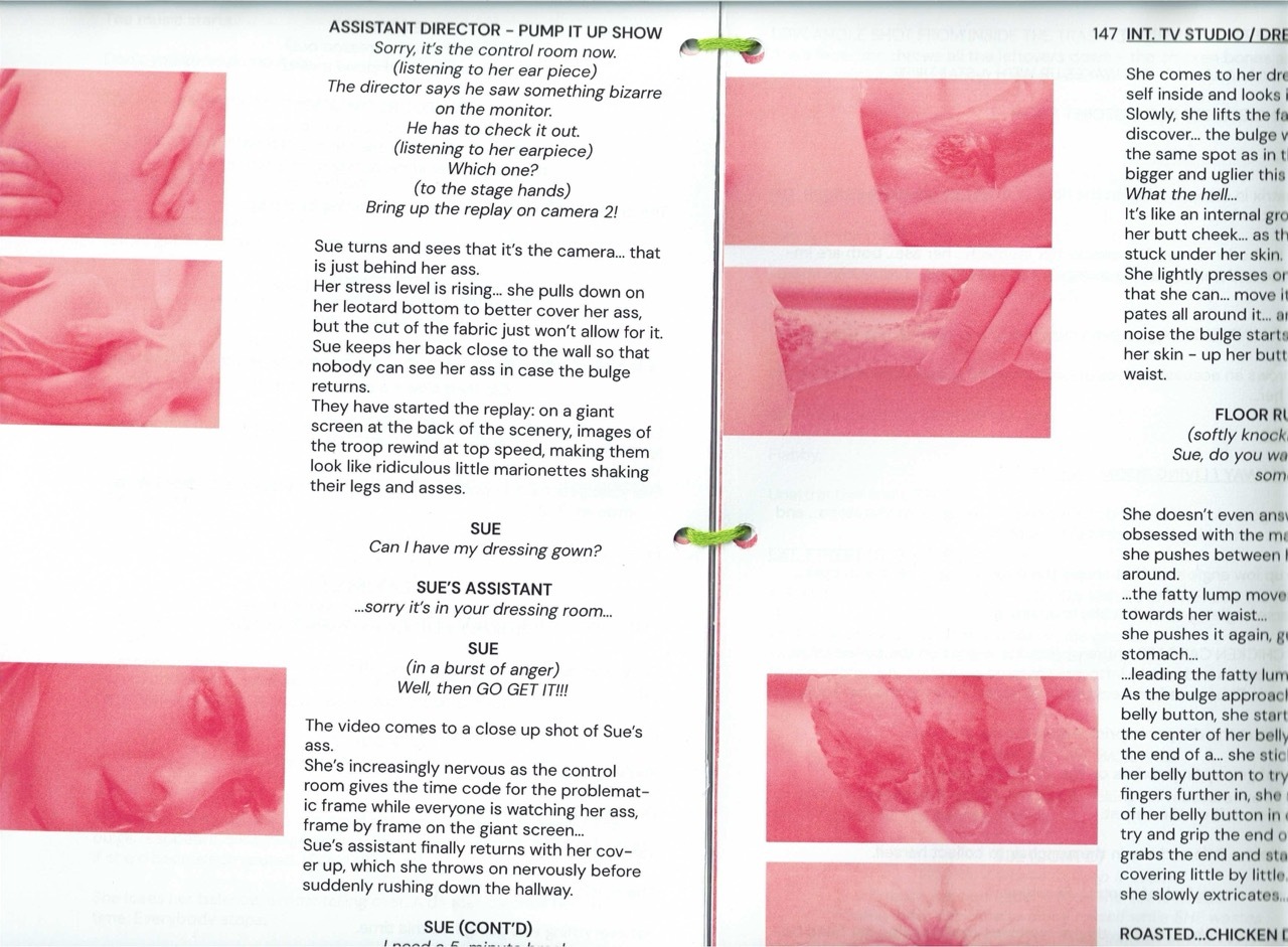 Script page with pink and yellow sticky notes attached. Black text on white background with handwritten annotations in margins and coloured post-it notes containing additional dialogue or notes.
