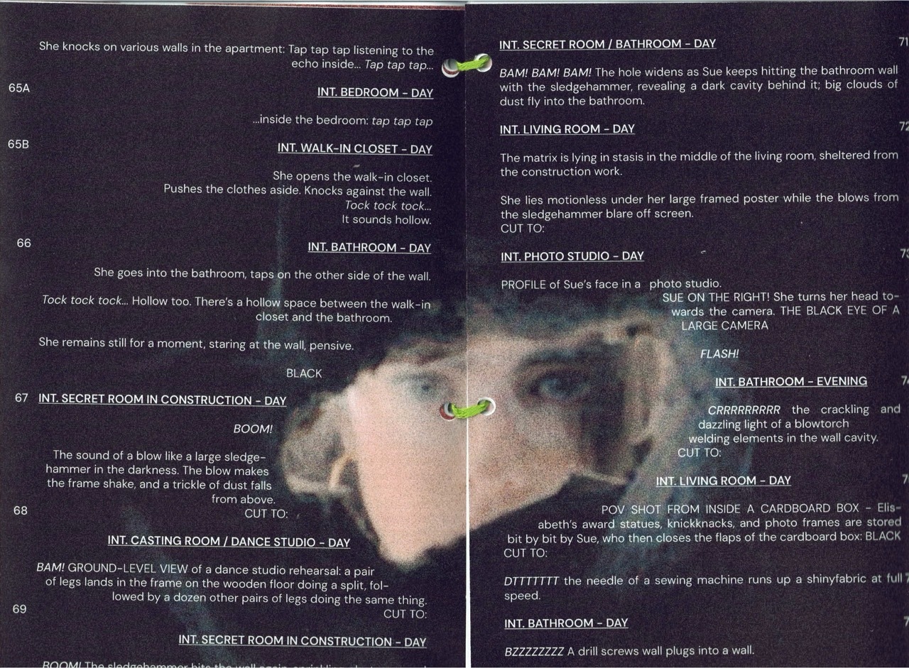 Dark green background with white text blocks scattered across the image, overlaid on a blurred face in the centre.