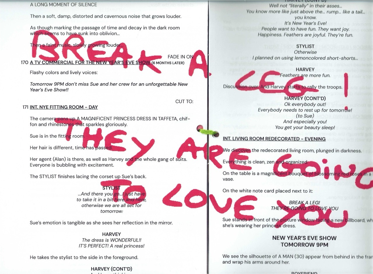 Magazine pages with pink handwritten text overlaid reading "Love they are going to Love" across black printed columns.