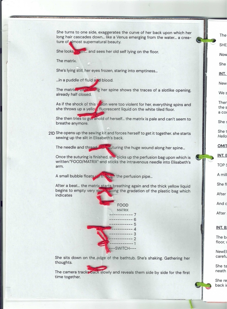 Document with black text and red handwritten annotations. Red marks cross out words and add corrections throughout the typed paragraphs.