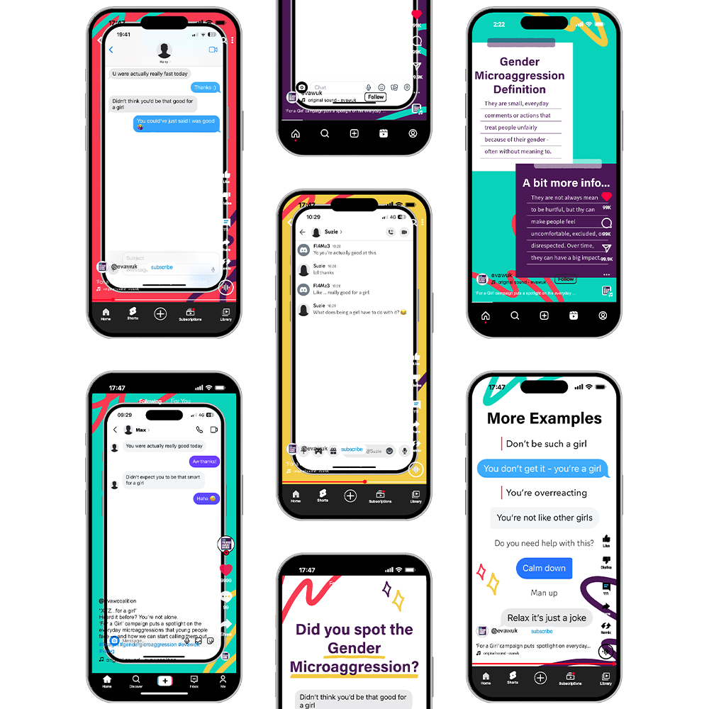 Seven phones show texts defining and exposing gender microaggressions, raising awareness through everyday examples.