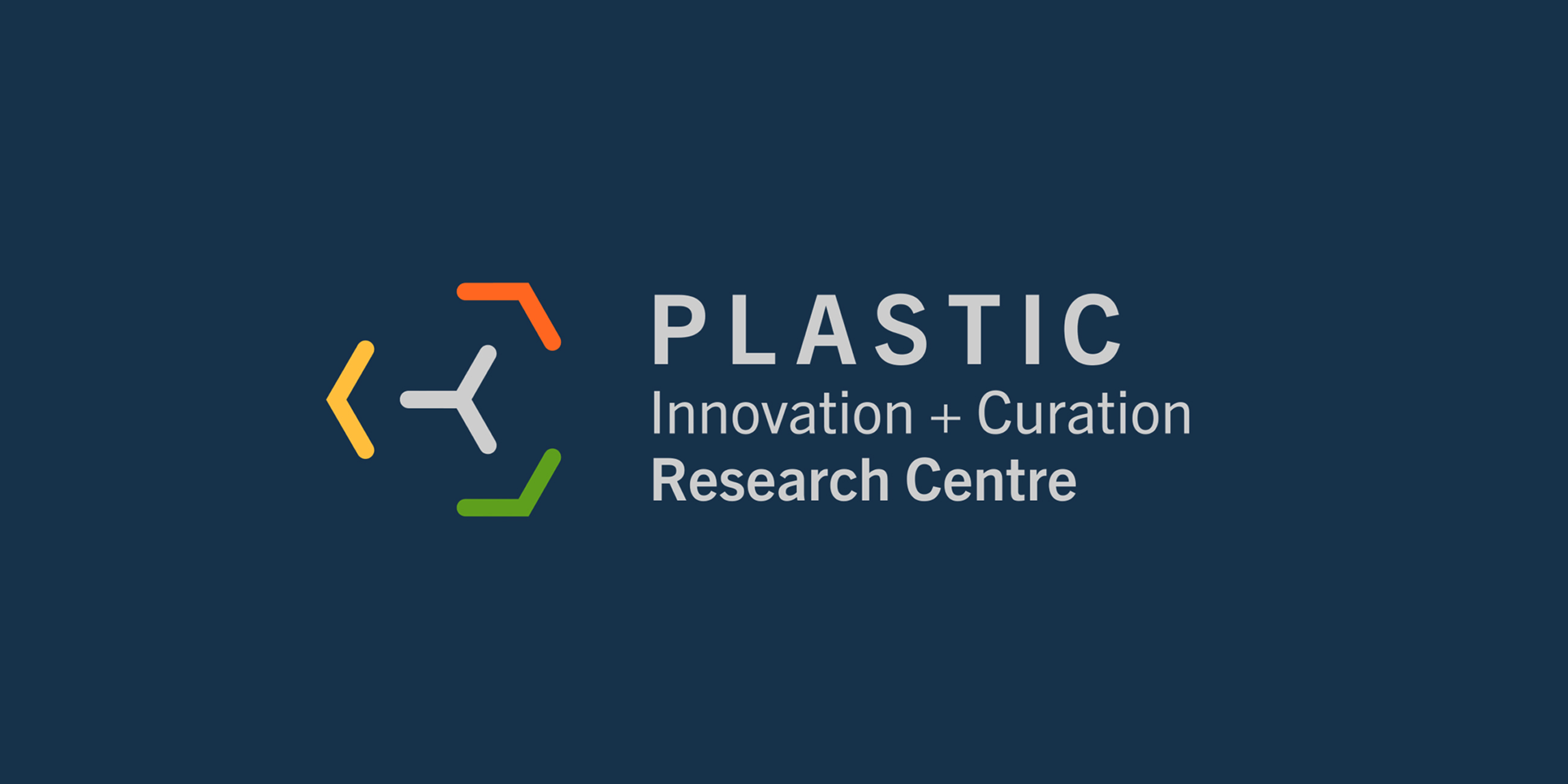 Dark blue banner with a logo made up of multicoloured arrows and text reading "Plastic Innovation + Curation Research Centre" in the middle.