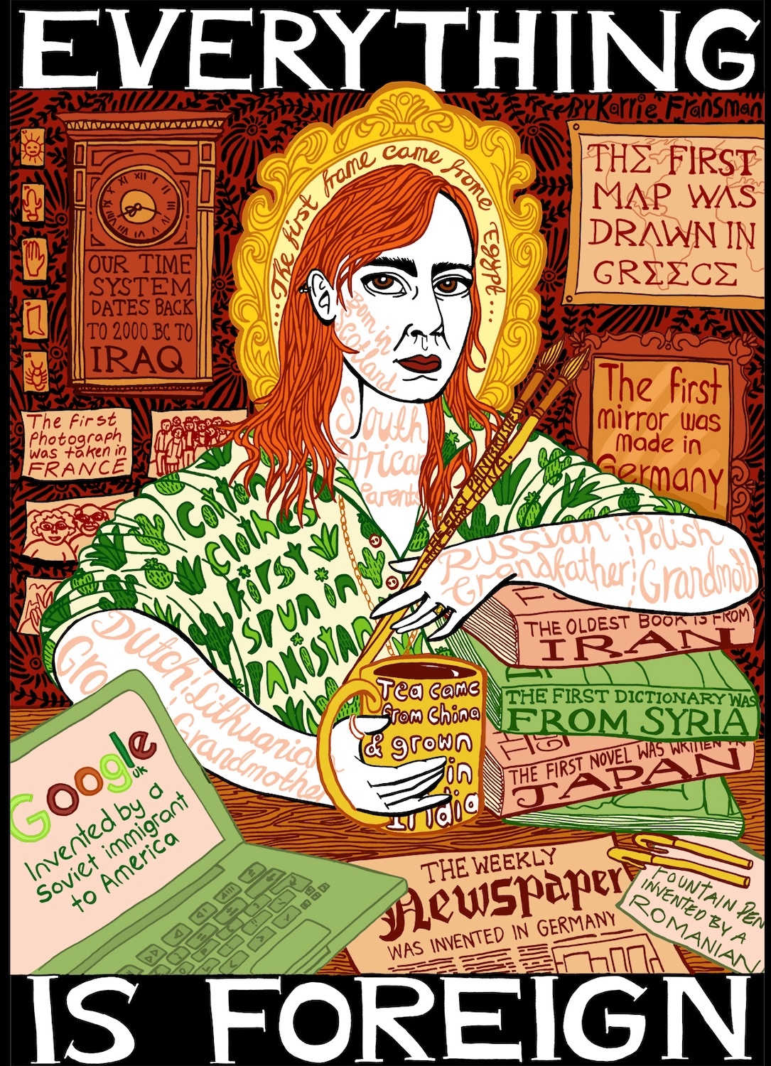 Illustration: woman with red hair in green patterned shirt surrounded by various text blocks and historical facts in reds, yellows, and greens.