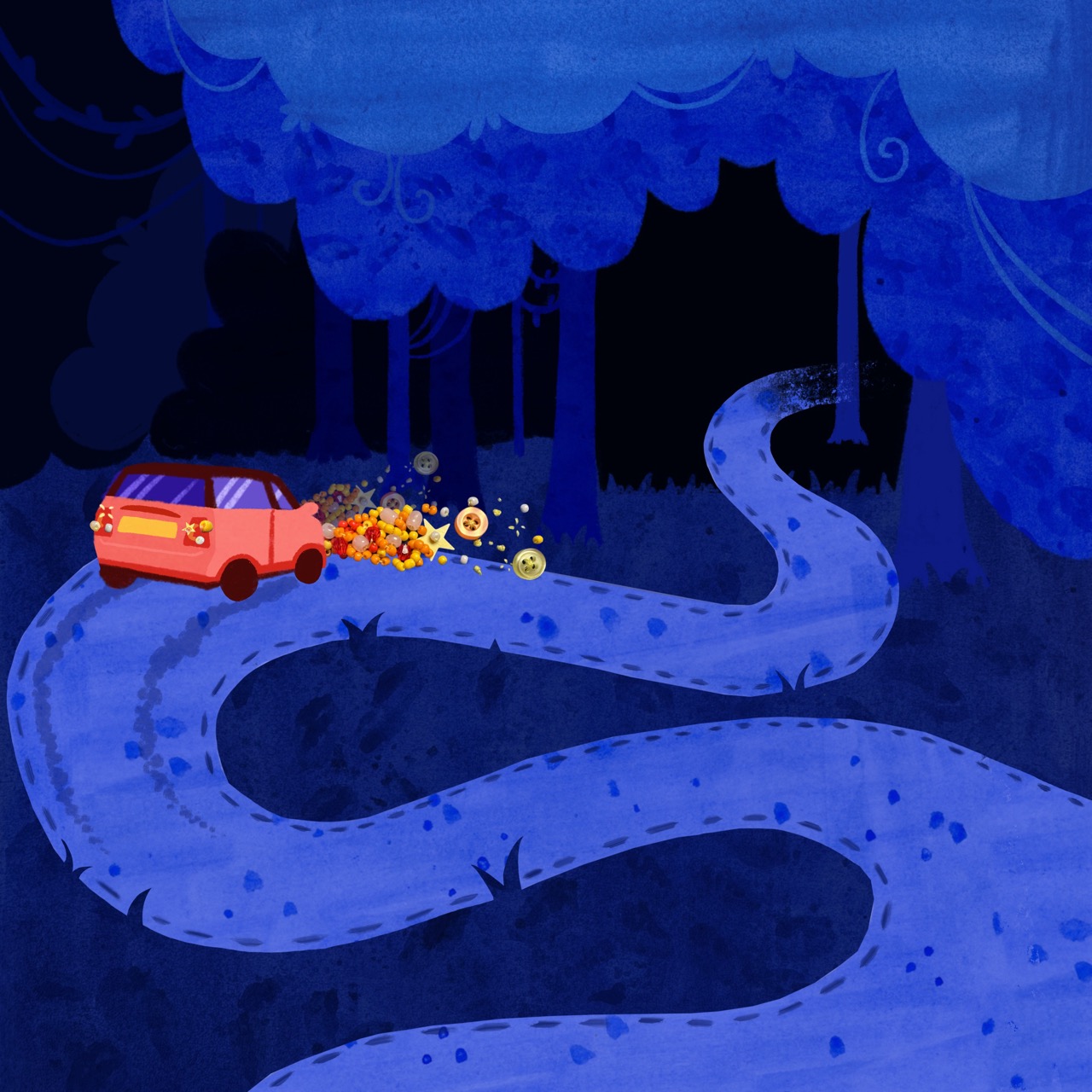 A pink car is driving along a winding blue road through dark trees. The scene includes scattered autumn leaves and several smiley face emojis trailing behind the car, suggesting movement and playfulness in the stylised environment.